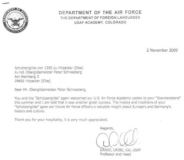 US Air Force Dankesschreiben